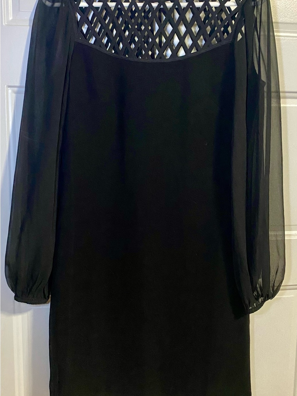 White House Black Market Black Sheer-Lattice Long Sleeve Shift Dress